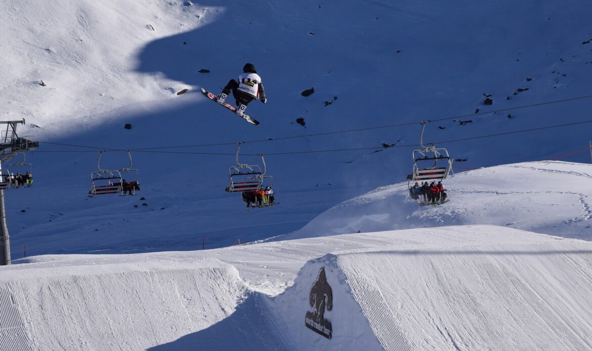 Snowboarders at the luxury winter resort St. Moritz, Switzerland